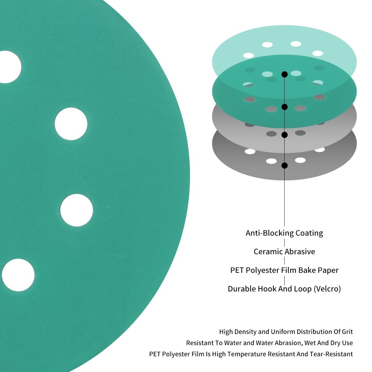 50PCS 5 inch 8 Hole Green Film Sanding Discs 1200 Grit For Random Orbital Sander