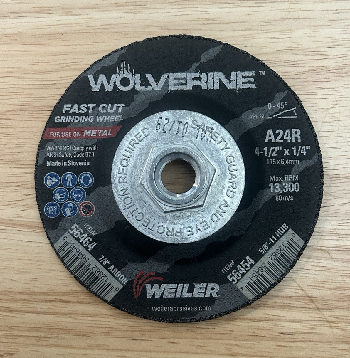 Weiler Wolverine Fast Cut Type 27 Grinding Wheel 4-1/2″ x 1/4″ A24R 56464