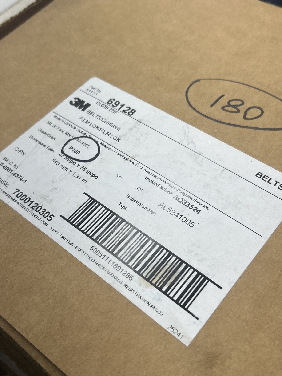3M Cloth Belts 777F 37 IN. X 75 IN. P180YF. Lot Of 3 Belts. 69128 P180 Lissmac