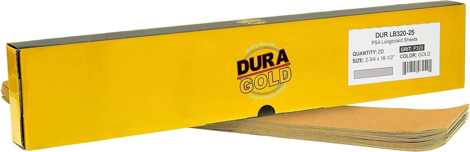 Premium 320 Grit Gold Pre-Cut PSA Longboard Sandpaper Sheets, Box of 20, 2-3/4″