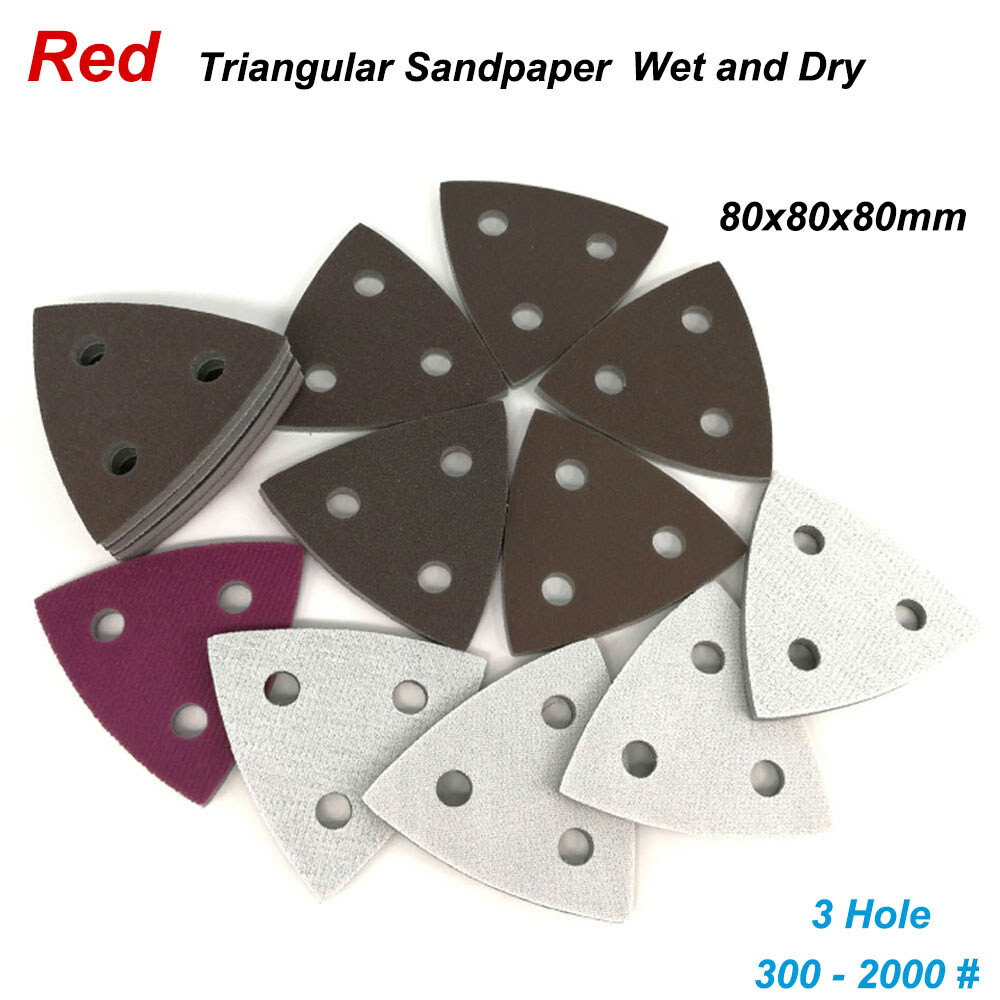 3 Hole Foam Sponge Hook & Loop Sanding Red Triangular Sandpaper Pads 80x80x80mm