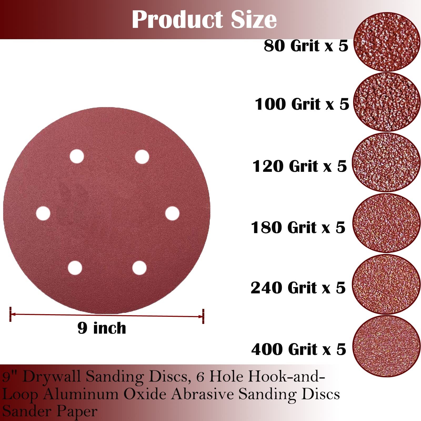 30 PCS 9-Inch 6-Hole Hook-and-Loop Sanding Discs Sander Paper for Drywall Sander