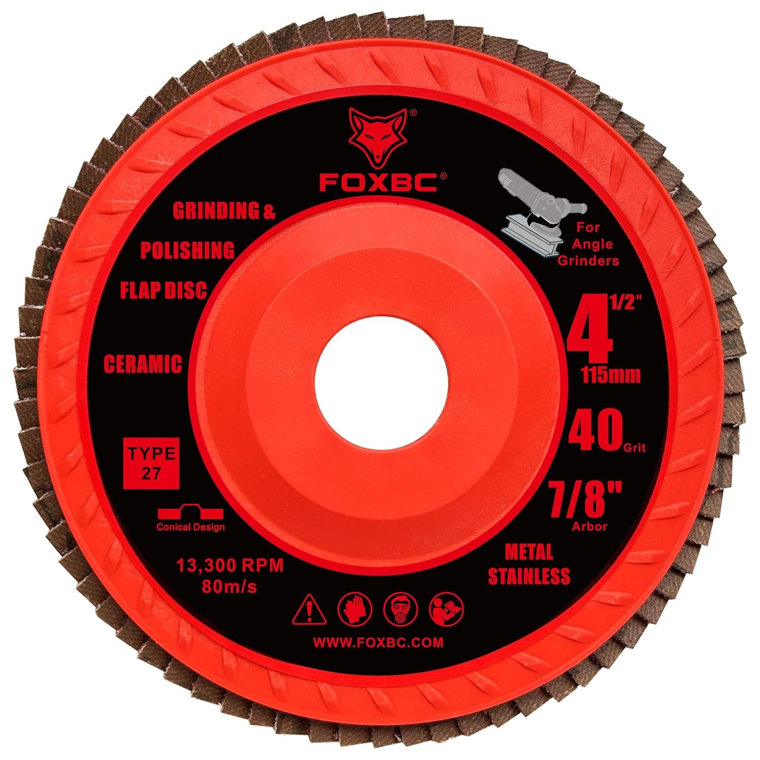 FOXBC 4-1/2 inch Ceramic Flap Disc 40 Grit with Speed HUB, Type 27, 5 Pack