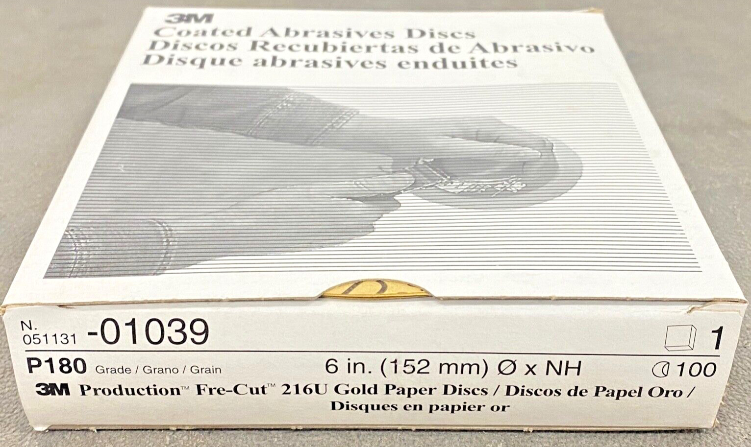 100 new 3M Production Fre-Cut 216U (6″ x NH) P180 Grit Gold Paper Sanding Discs