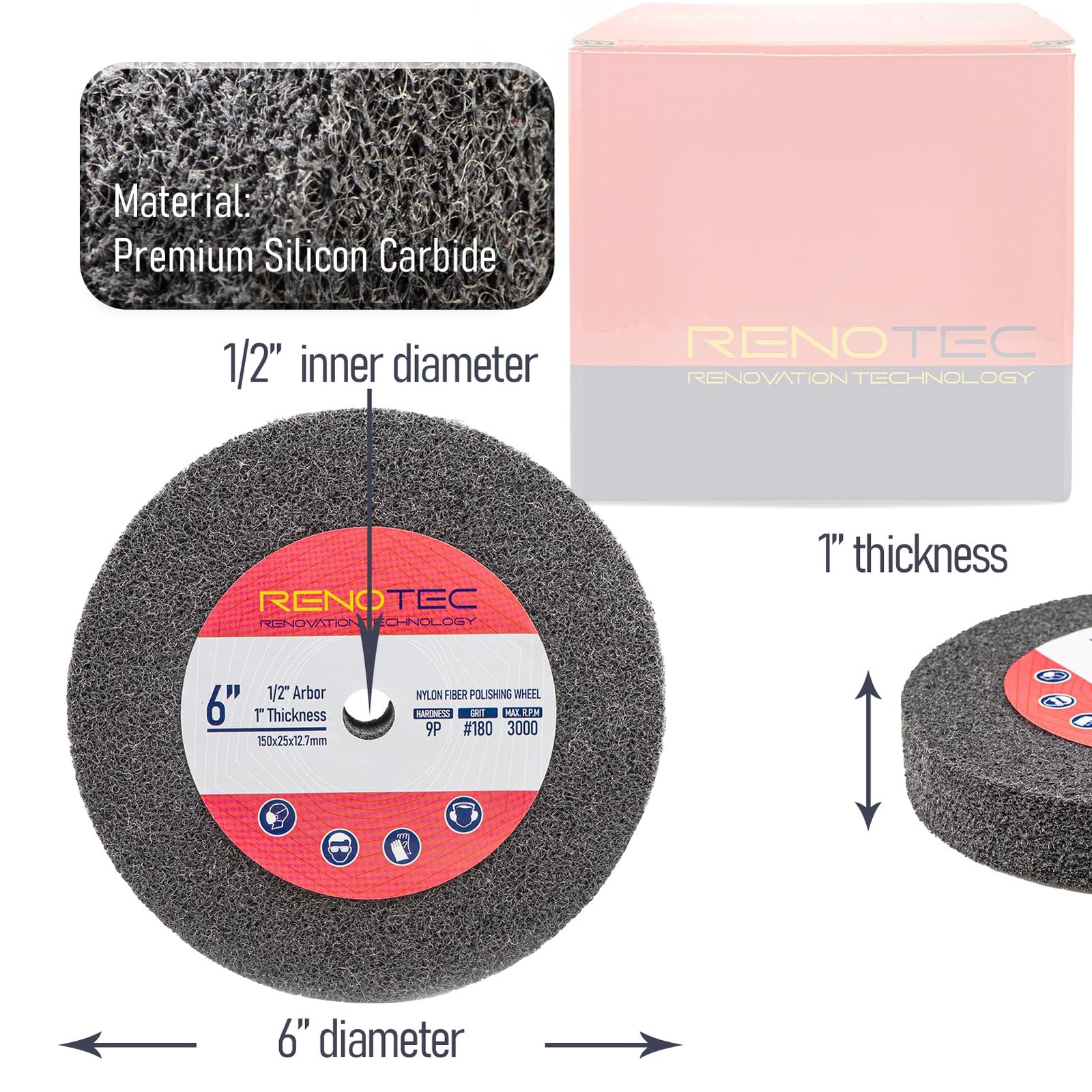 6 inch 9P Hardness Deburring Wheel, Pack of 3, 180 Grit, Nylon Fiber Buffing Whe