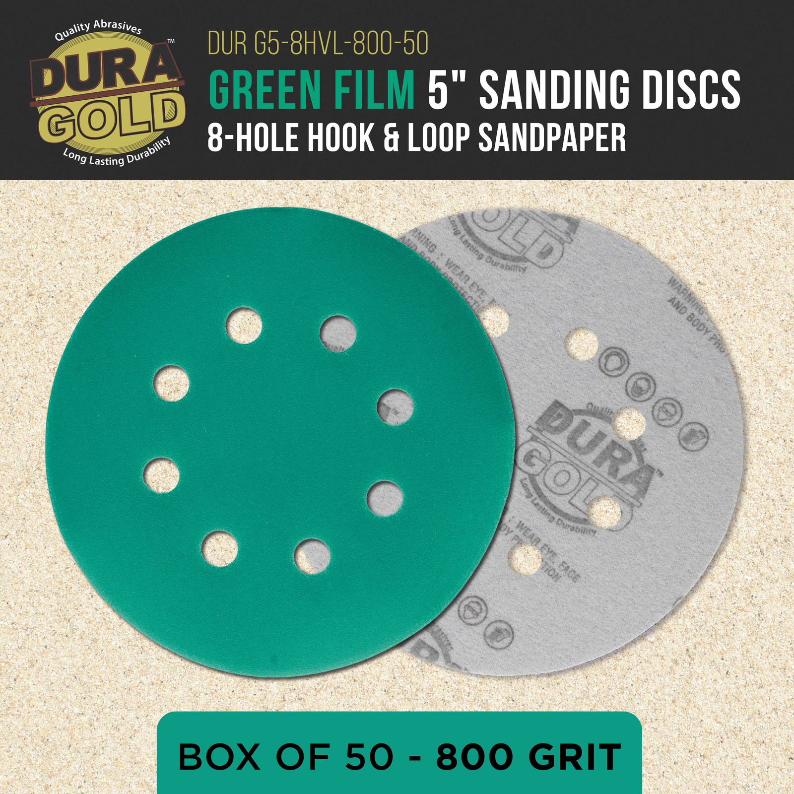 800 Grit 5″ Green Sanding Discs, 8-Hole, Box of 50 – Hook & Loop Sandpaper