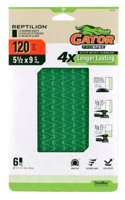 Gator Reptilion CeraMax 5.5″ x 9″ Ceramic Alumina Sanding Sheets 120 Grit 6 Pack