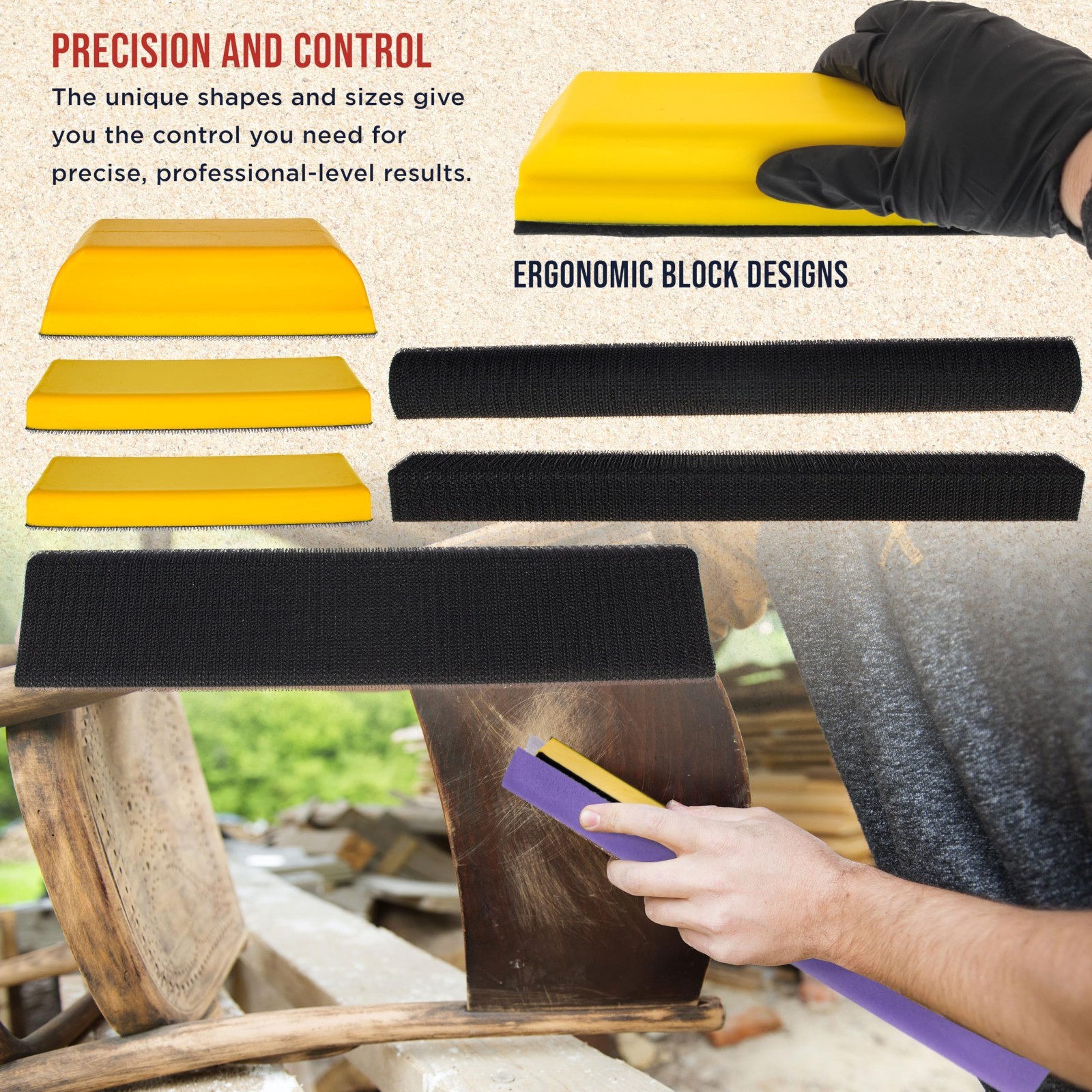 7-Piece Hand Sanding Block Set – Hook & Loop Sander Pads for Woodworking, Auto B