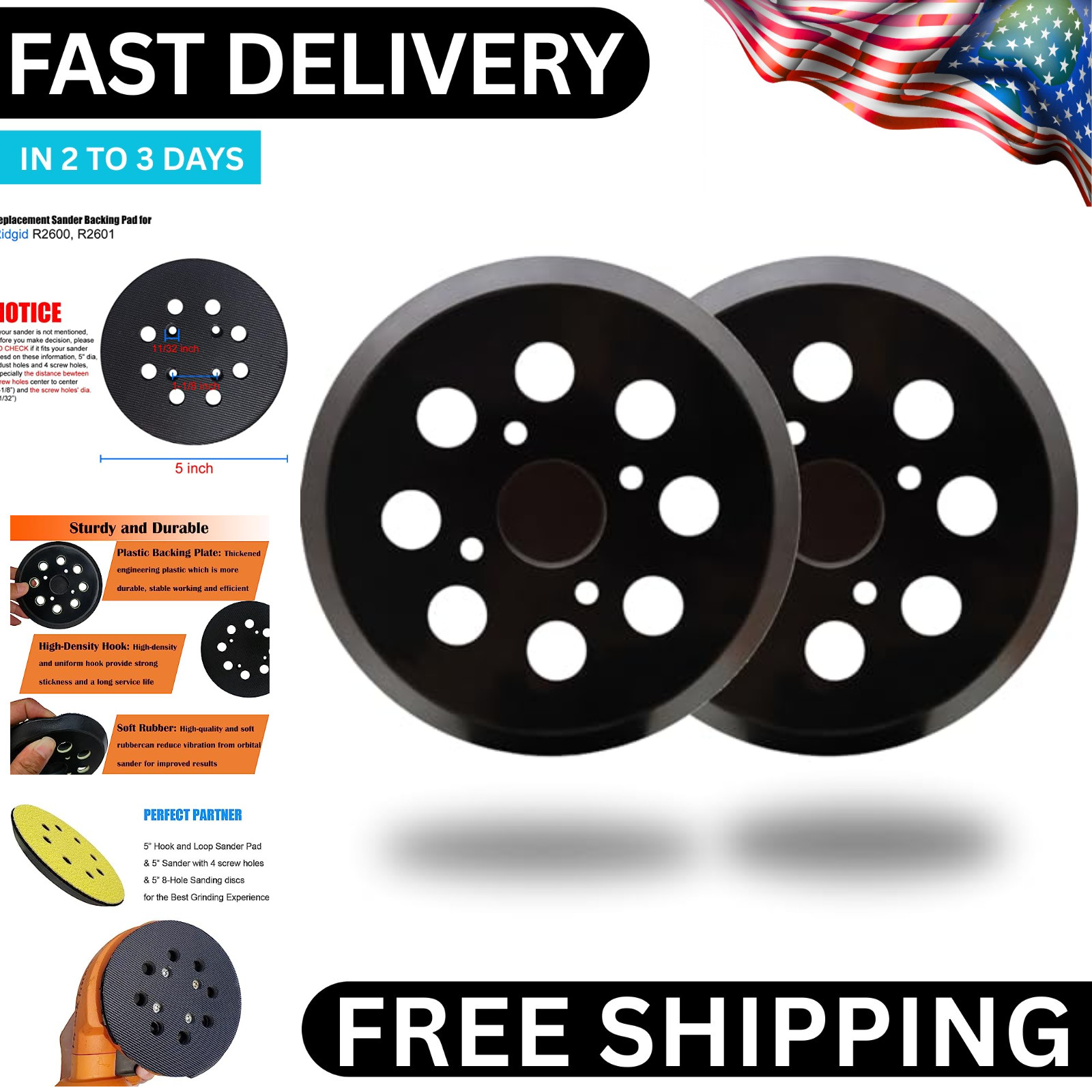 2 Pack 5 Inch 8 Hole Hook and Loop Sander Pad for Ridgid R2600, R2601 5″ USA