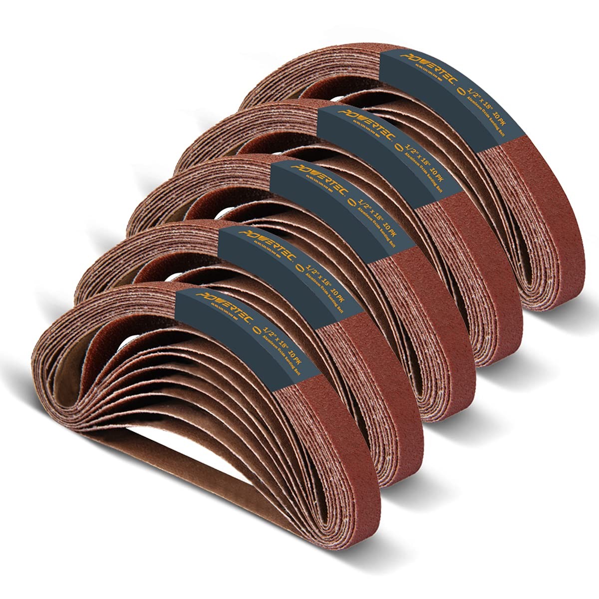 POWERTEC 1/2 x 18 Inch Sanding Belts, 50PK, 10 each of Assorted Sizes