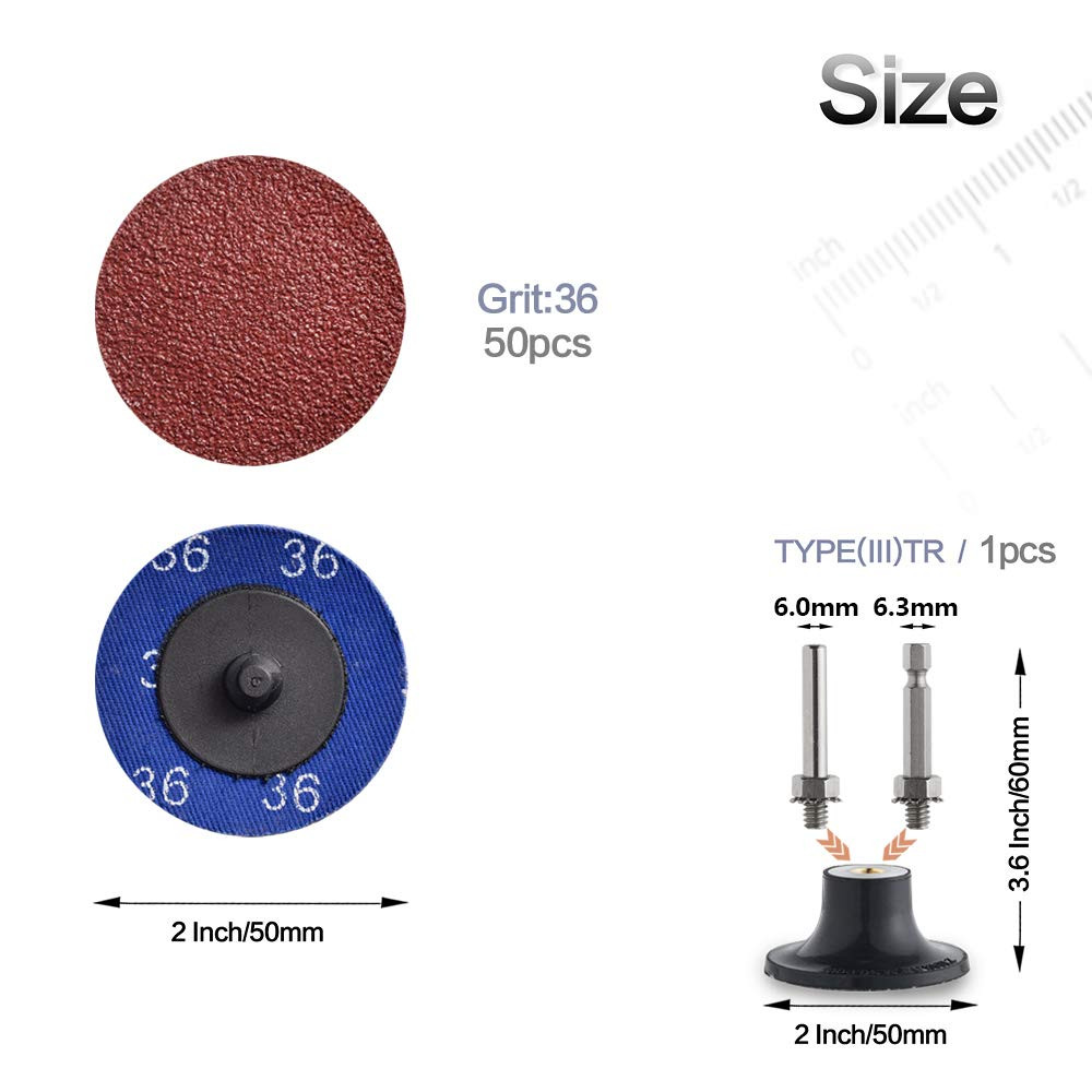 Miroku 50Pcs P36 2 Inch Quick Change Discs Set, A/O Sanding Discs with 1/4″ Hold