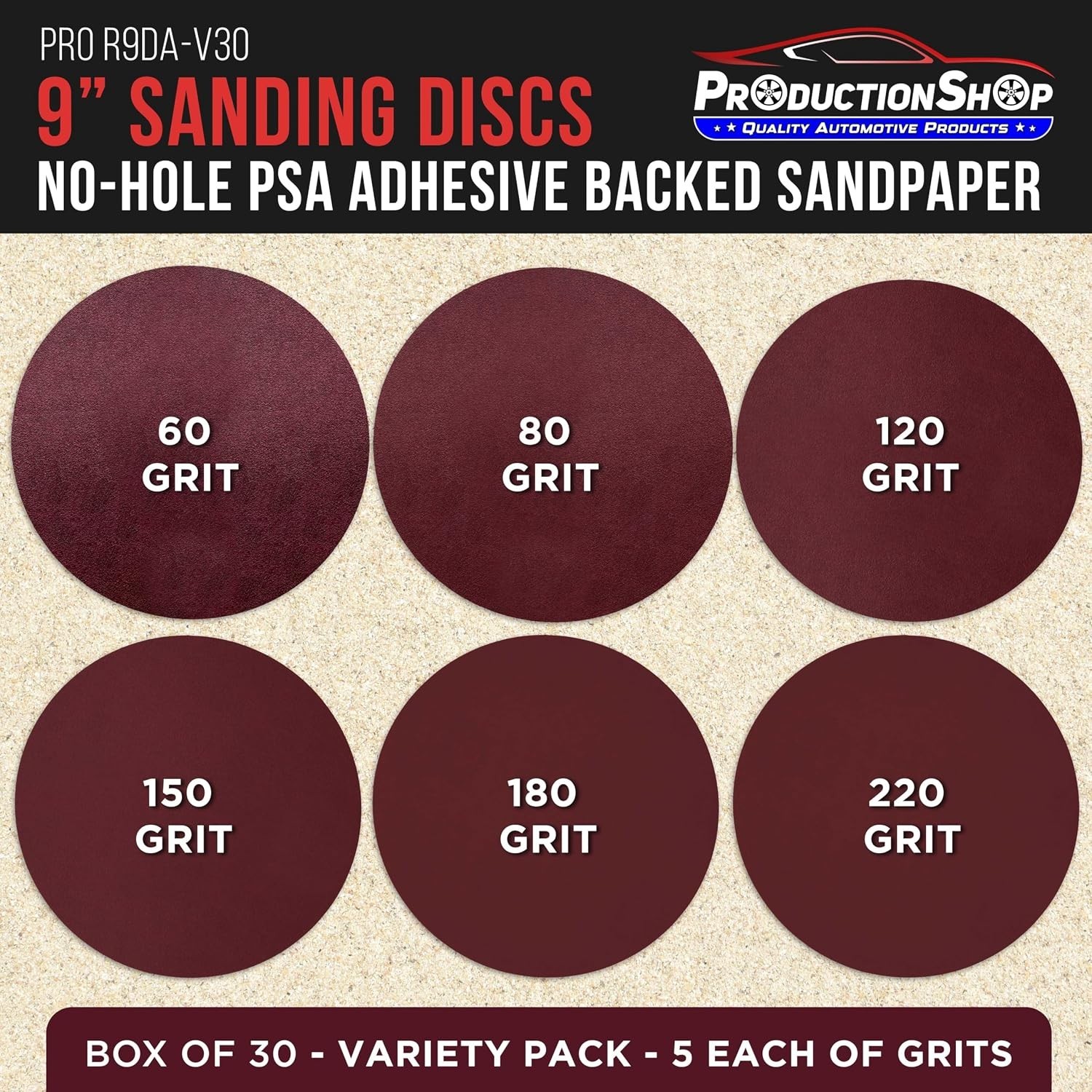 Sanding Discs 9 Inch Variety Pack 30pcs Grits 60 80 120 150 180 220 Auto Paint