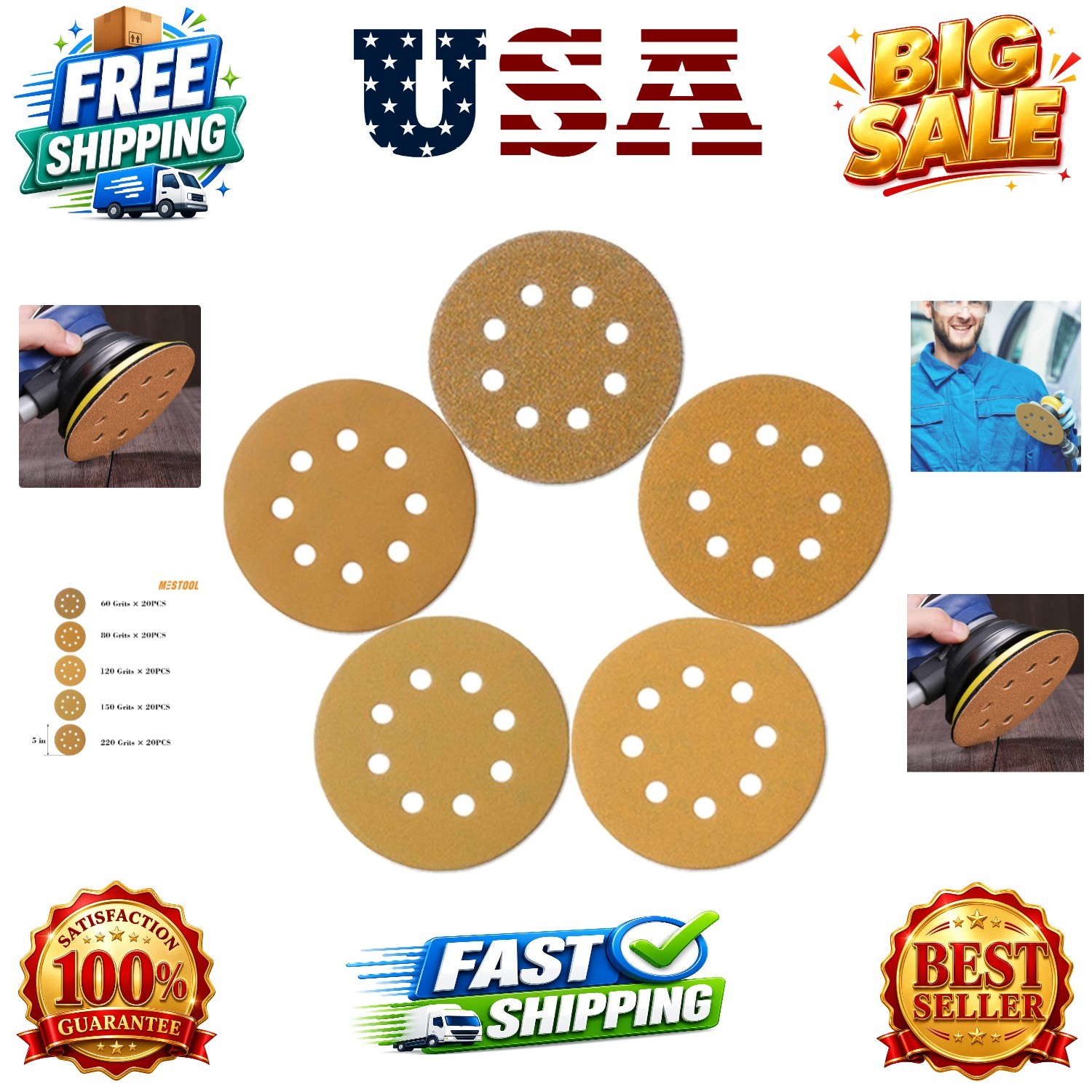 5-Inch 8-Hole Hook and Loop Sanding Discs, Orbital Sander Sandpaper Discs, 10…