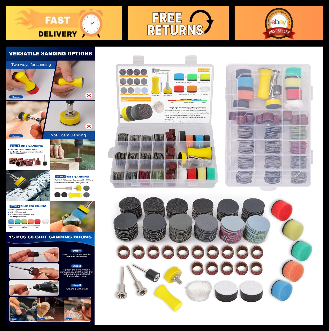 268 PCS Sanding Discs & Drums Set, Hook & Loop 60-10000 Grit for Dremel Tools, P