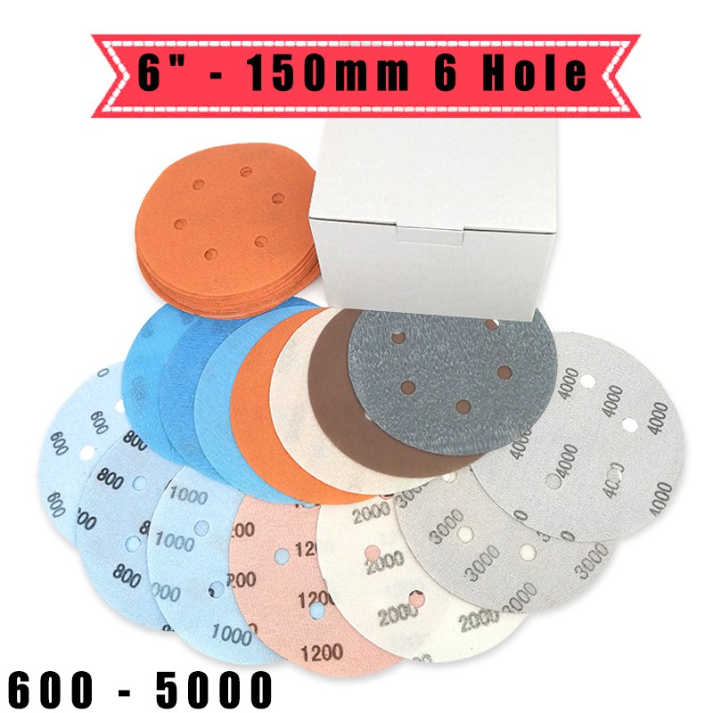 6″ – 150mm Wet And Dry Sanding Discs Film Sandpaper Pads Grit 600 – 5000 6 Hole
