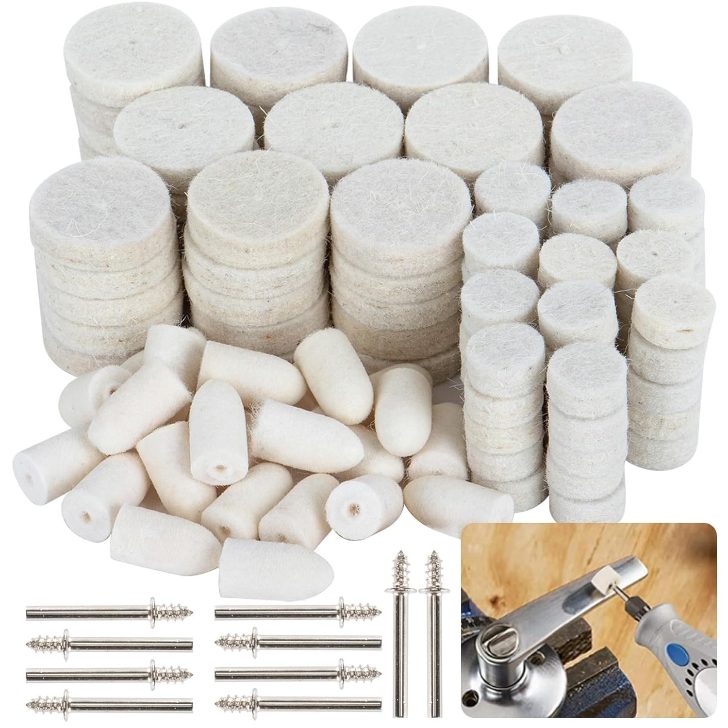 145 Piece Wool Felt Polishing Pad 1/8 Inch Shank Set for Dremel Rotary Tools