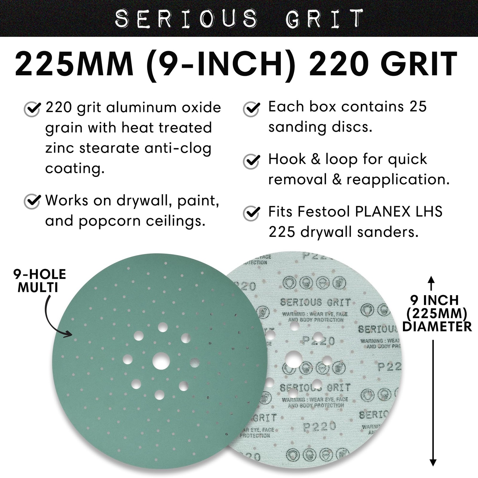 – 225mm (9-Inch) P220 Grit Drywall Sanding Discs – 25 Pack Box