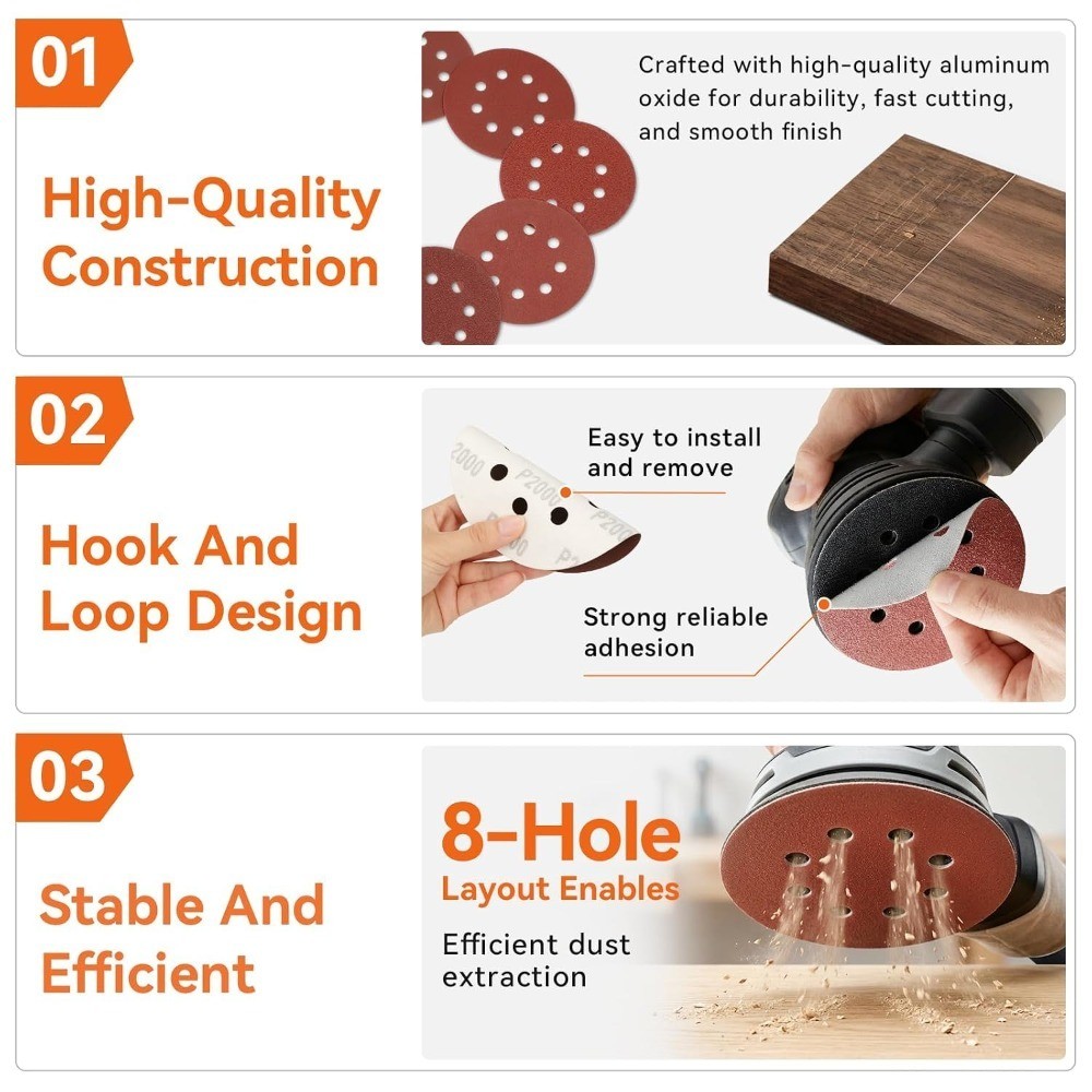 110pcs 5in 8-Hole Hook & Loop Sanding Discs | Assorted 60-2000 grit red