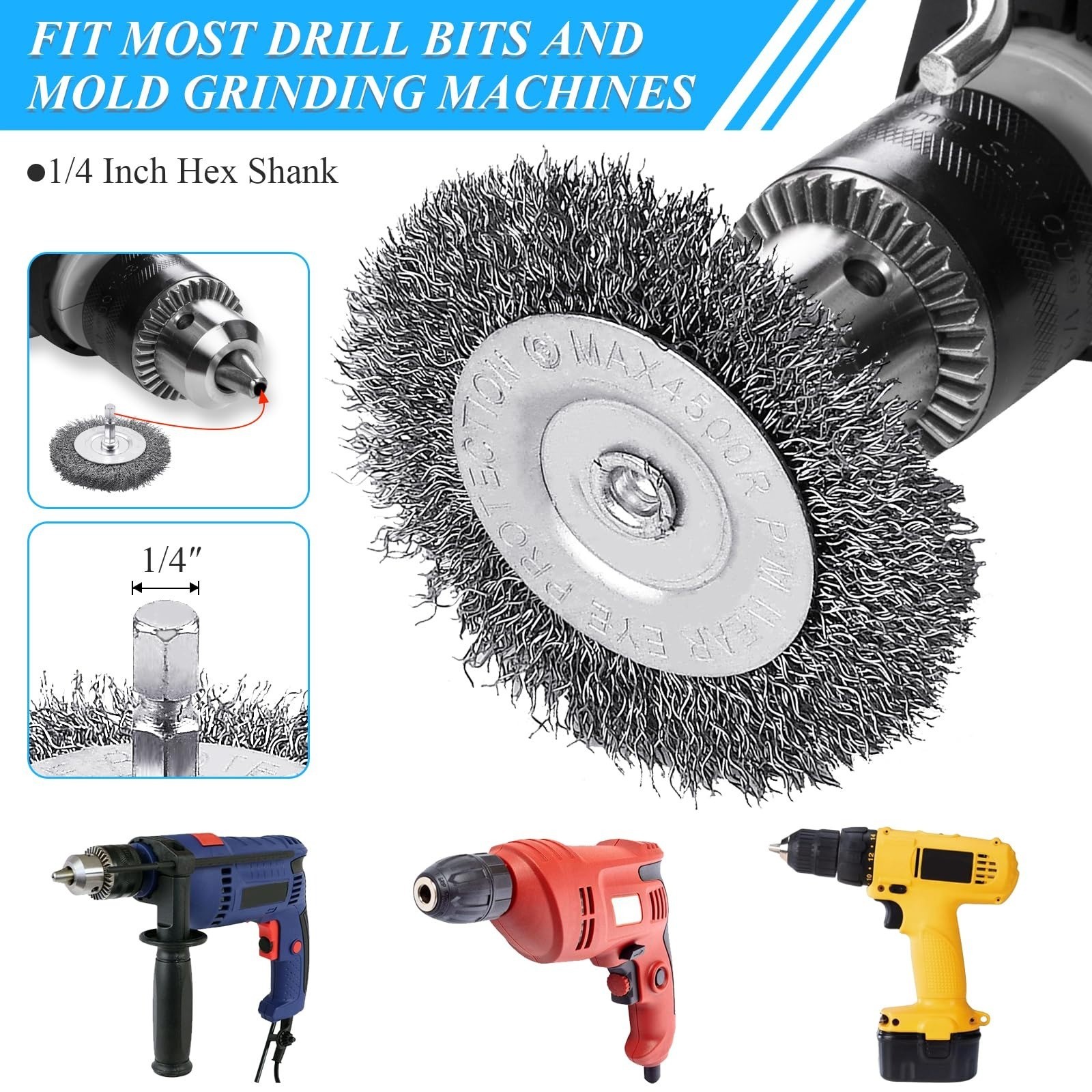 Supkiir 8 Pack 3″ Wire Wheel Brush for Drill, Coarse Carbon Steel