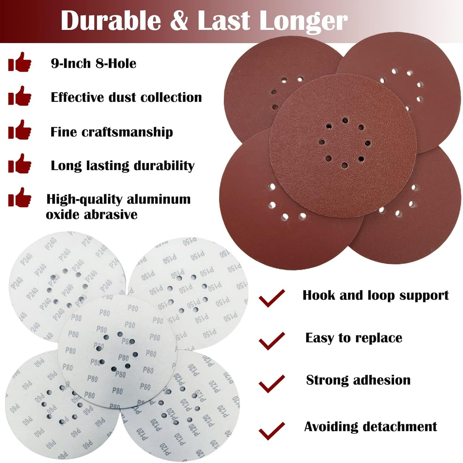 50x 9″ 8-Hole Drywall Sanding Discs Set 40 / 60 / 80 / 120 / 150 / 180 / 240Grit