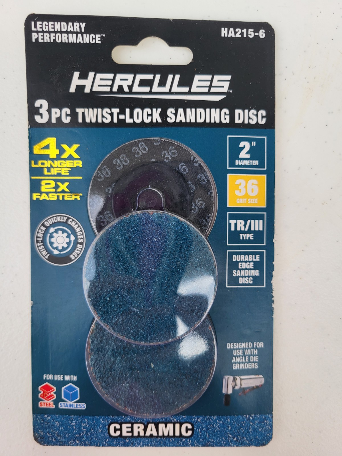 Hercules 3 Piece 2″ Ceramic Twist-lock Sanding Disc Set 36 Grit New In Package