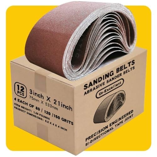 Sanding Belt Pack 3×21 Inch 12 Pcs 4 Each 80 120 150 Grit Aluminum Oxide Wood