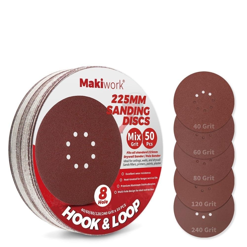 50PCS 9-Inch 8-Hole Hook & Loop Sanding Discs 40/60/80/120/240 Grit – 10 Each…