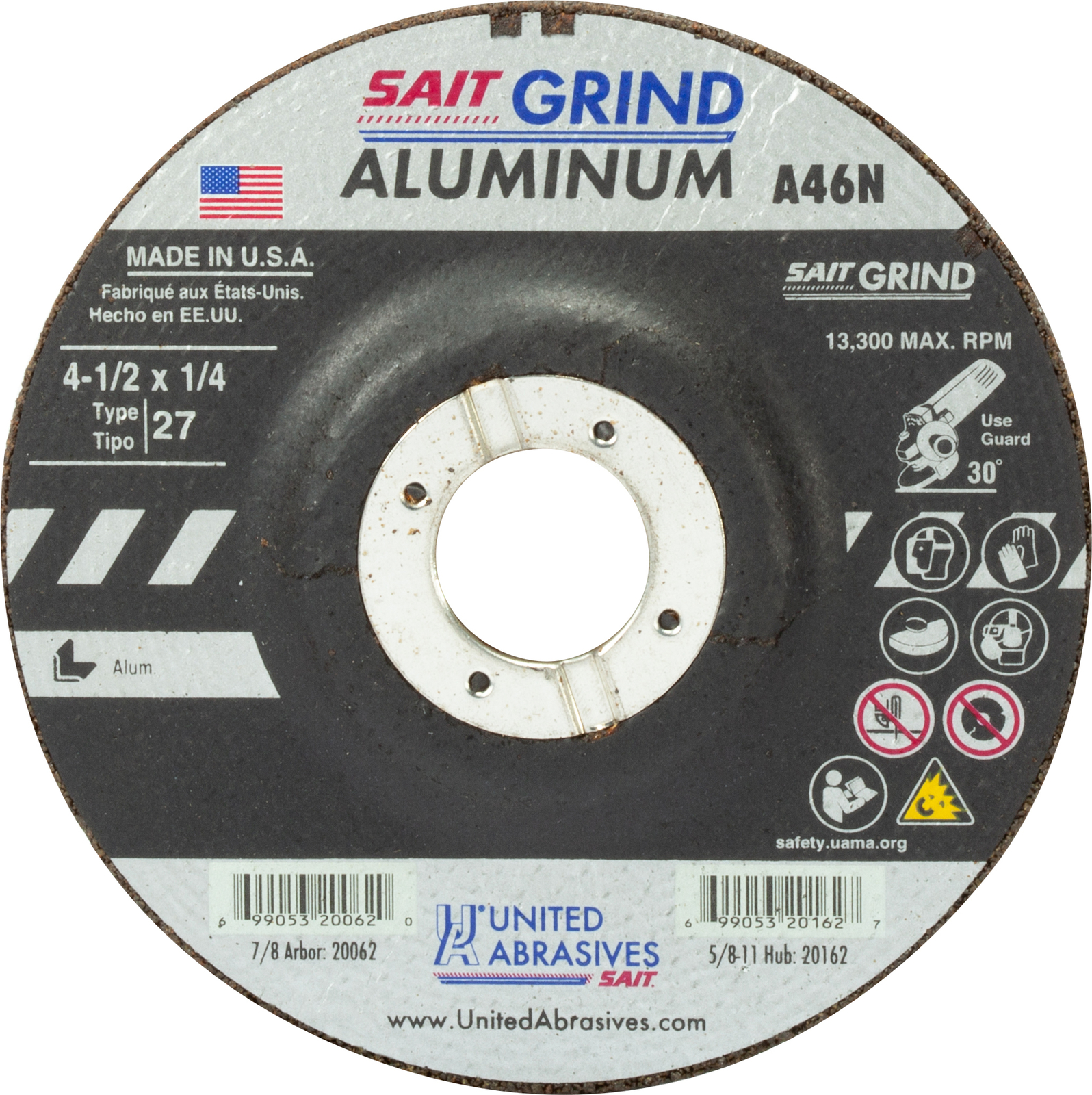 United Abrasives SAIT 20062 A46N 4-1/2×1/4×7/8 Aluminum Grinding Wheel 25 pack