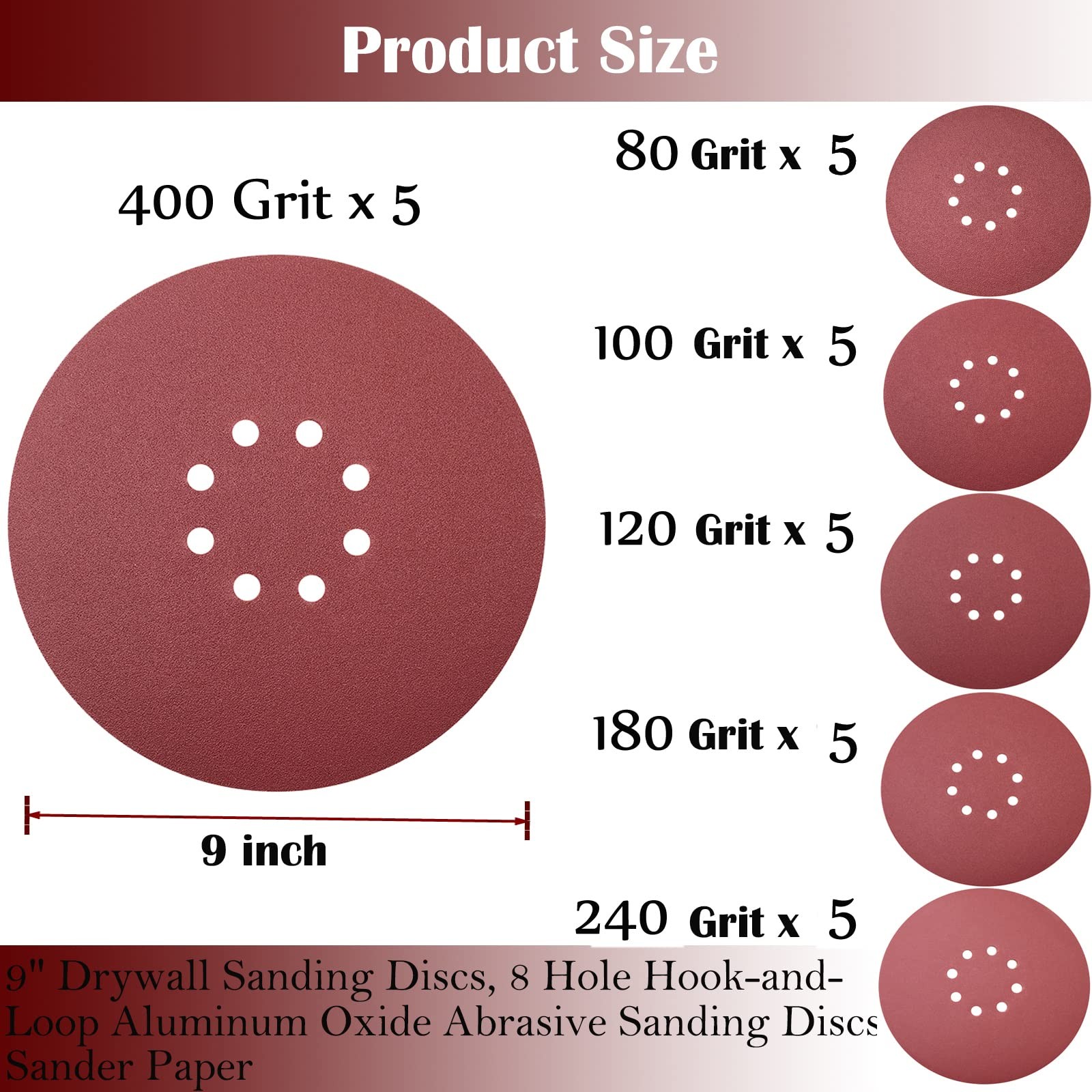 30 PCS 9 Inch 8 Hole Drywall Sanding Discs Set- 80 100 120 180 9 Inches, Red