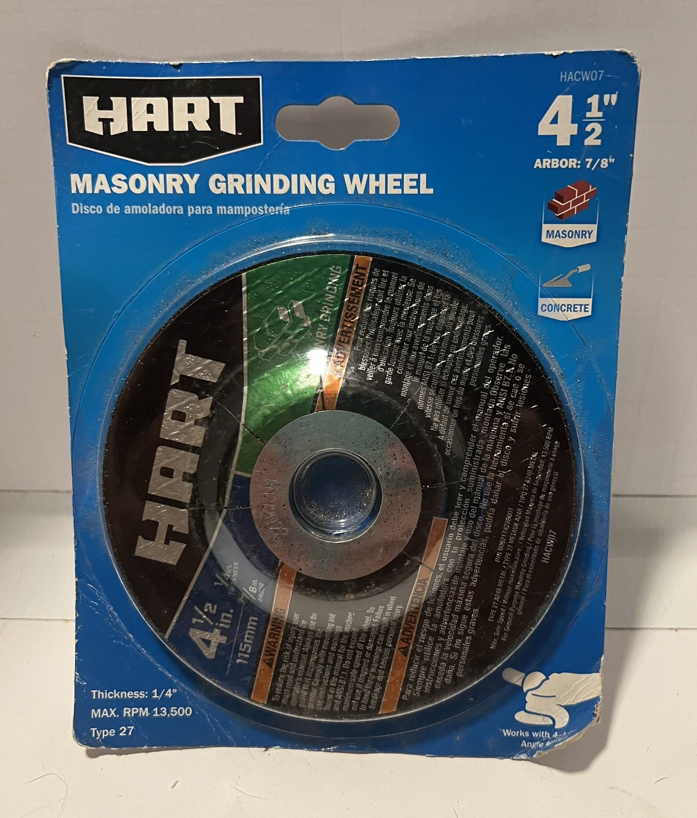 HART 4-1/2″ MASONRY GRINDING WHEEL 1/4″ Thick 13,500 RPM Type 27 Angle Grinder