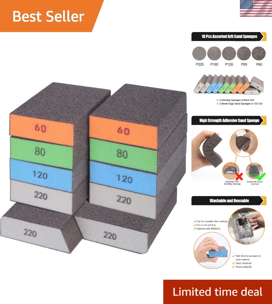 10 Pcs Sanding Sponge Set, 220 Grit: 4 Pcs, 60/80/100/120/180 Grit: 2 Pcs Eac…