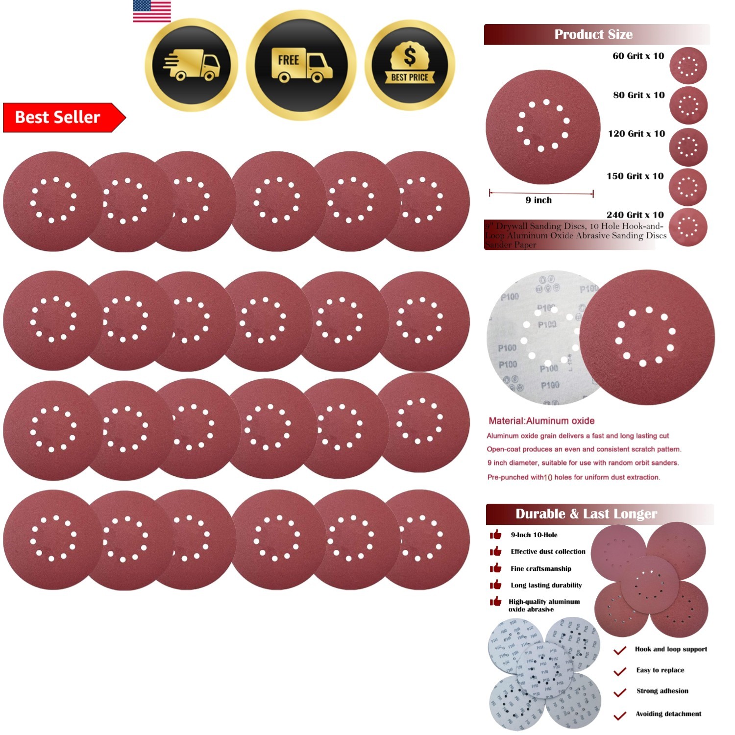 Sandpaper Discs 9 Inch 50 PCS Hook and Loop Grits for Drywall Sander
