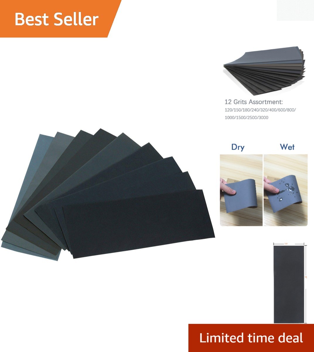 Wet Dry Sandpaper 24 Sheets 12 Assorted Grits 120-3000 9×3.6in