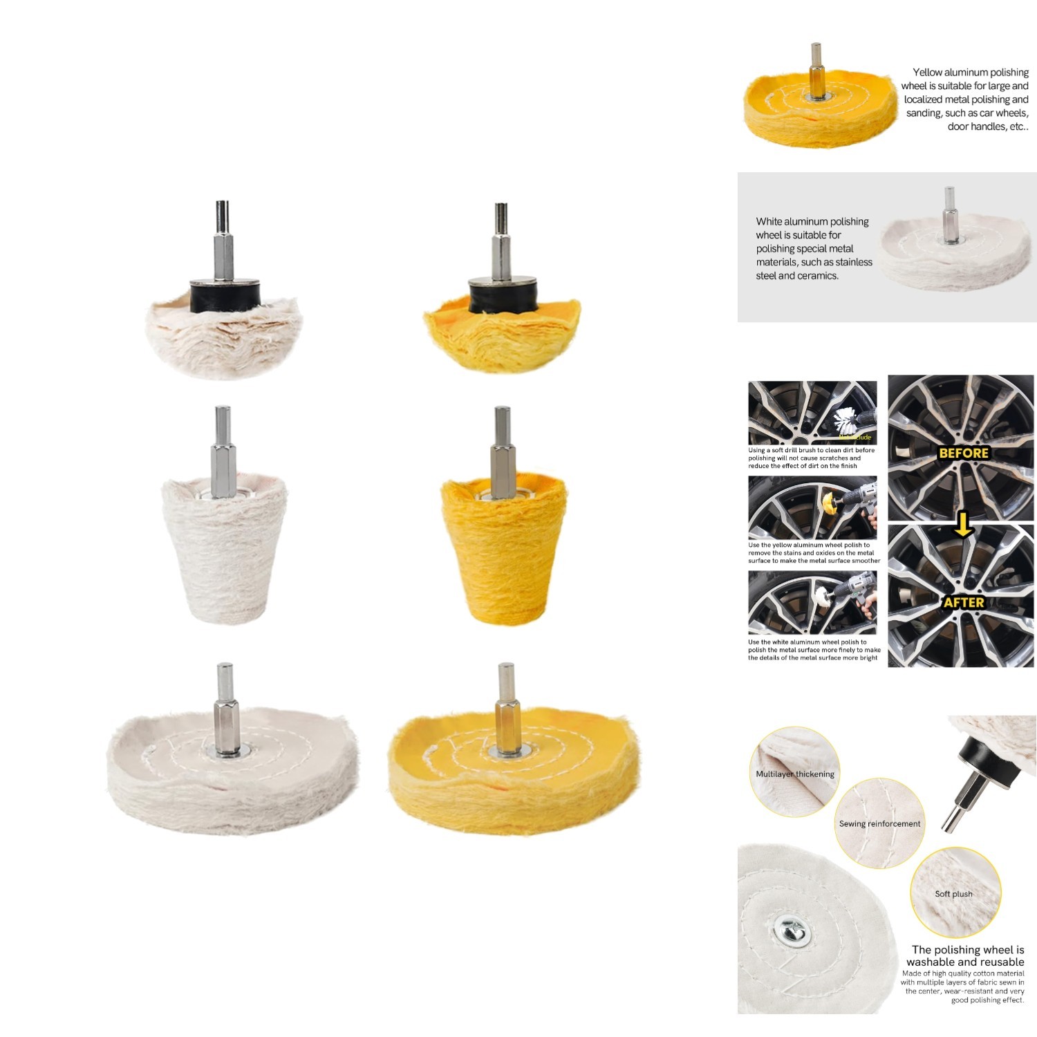 6Pc Aluminum Wheel Polishing Kit Drill Buffing Wheels Chrome Stainless Steel Rim