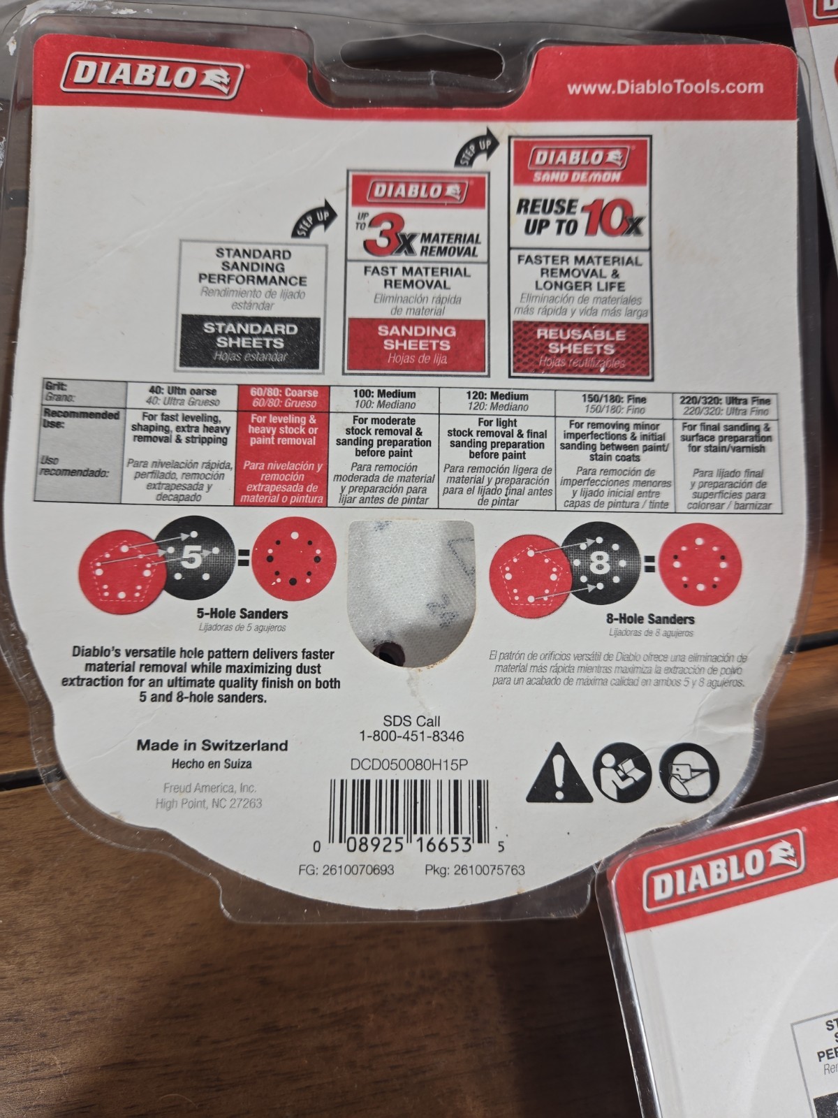 (45-Pk) Diablo 80/120/220 Grit Universal Hole Random Orbital Sanding Disc 5″