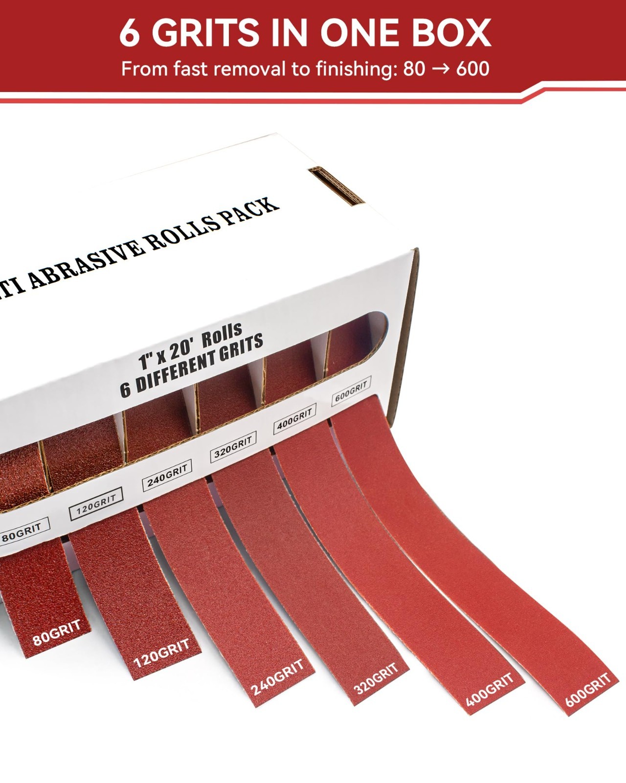 Emery Cloth Roll 1″ x 19.7ft – 6 Grits Sandpaper for Metal, Wood, Automotive, We
