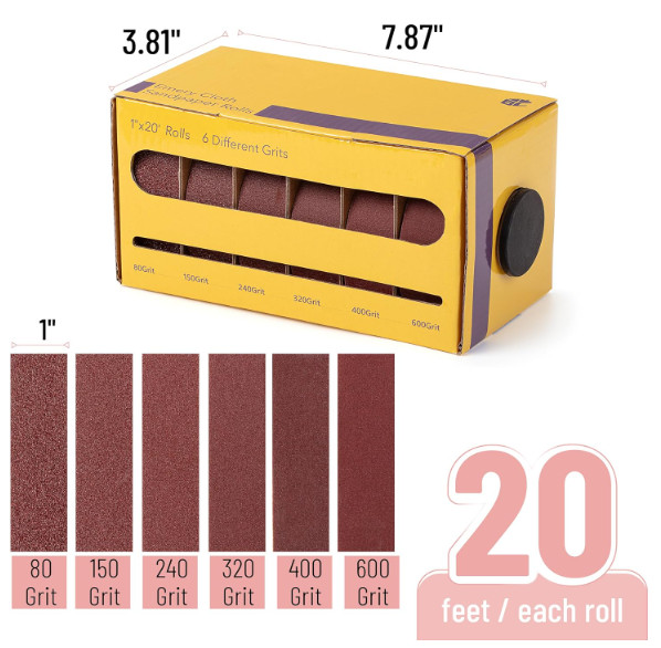 Bates- Emery Cloth Roll, 1″ X 20 FT, 6 Grits, 80/150/240/320/400/600 Grit, Abras