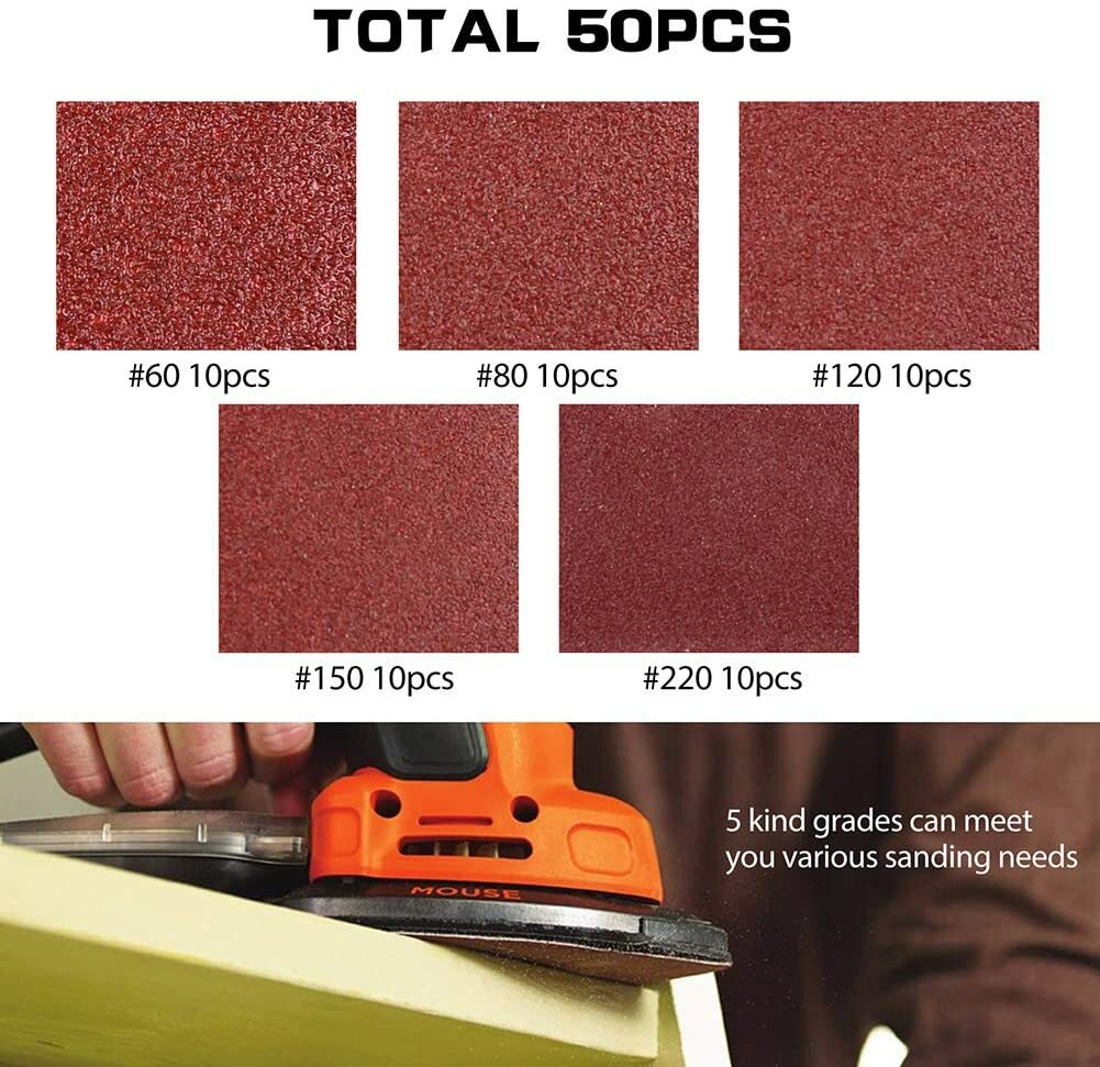50PCS 60-220 Grit Mouse Sandpaper Sanding Pads for Black+Decker Sander