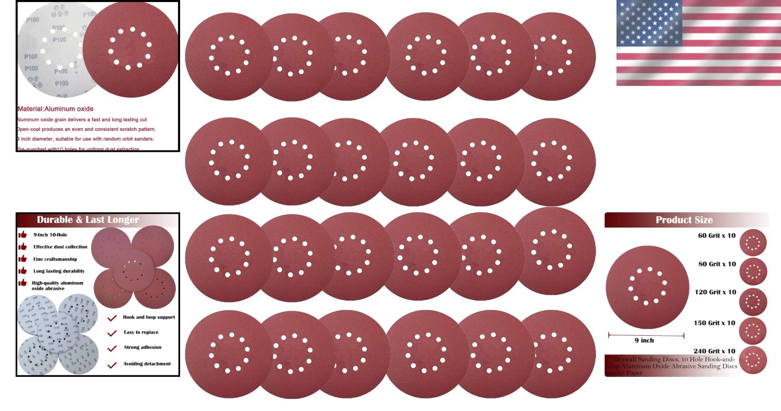 50 PCS 9-Inch 10-Hole Hook-and-Loop Sanding Discs