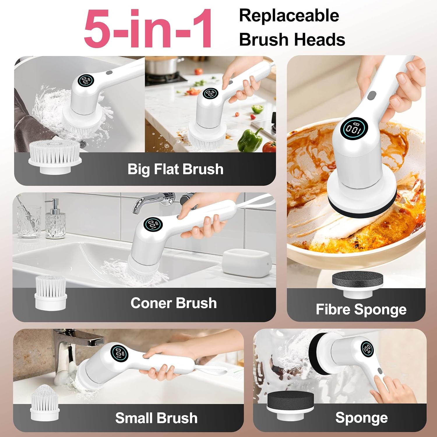 White Electric Spin Shower Scrubber with LED Display 44 in-lbs High Torque