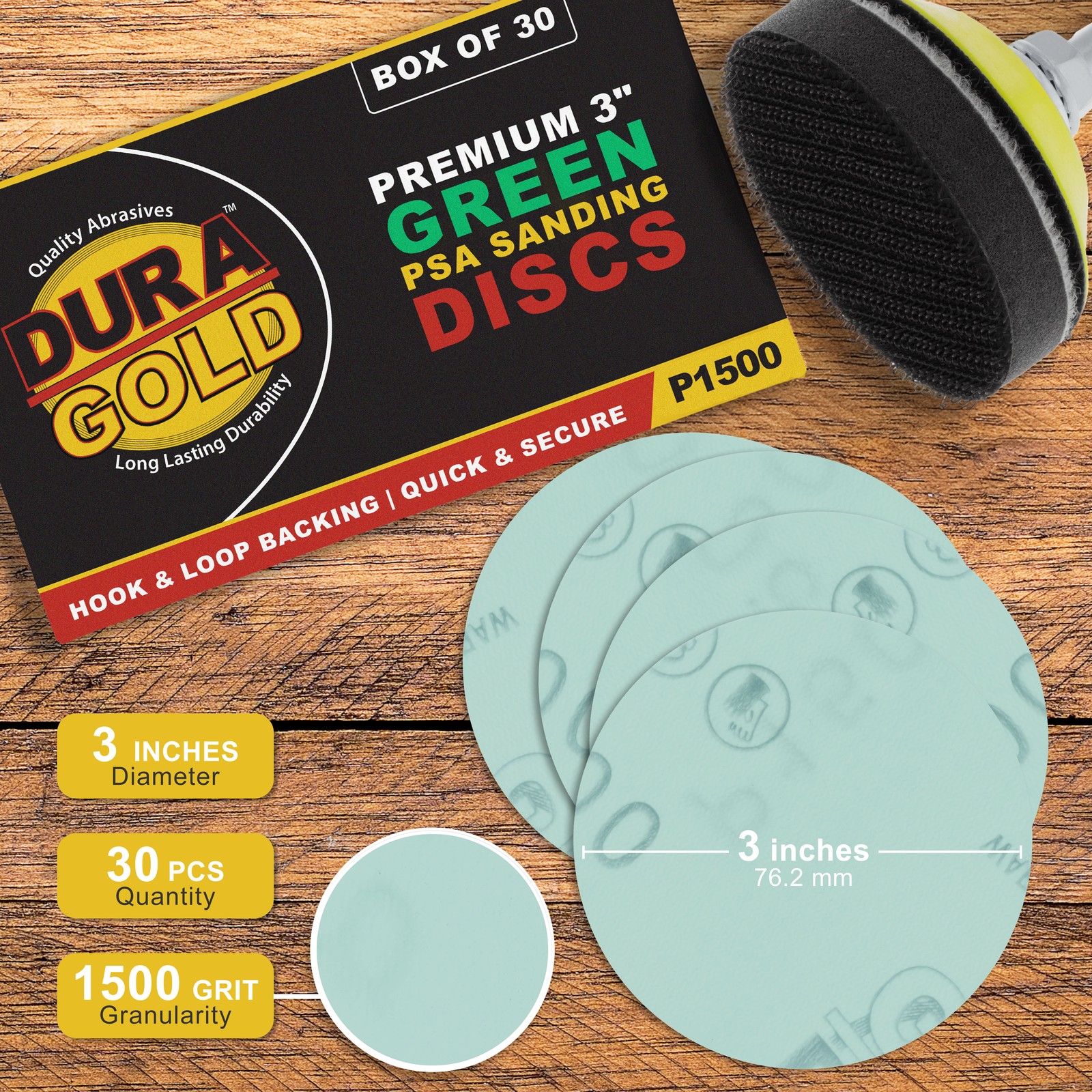 Dura-Gold 1500 Grit 3″ Green Film Hook & Loop Sanding Discs for DA Sanders 30pc