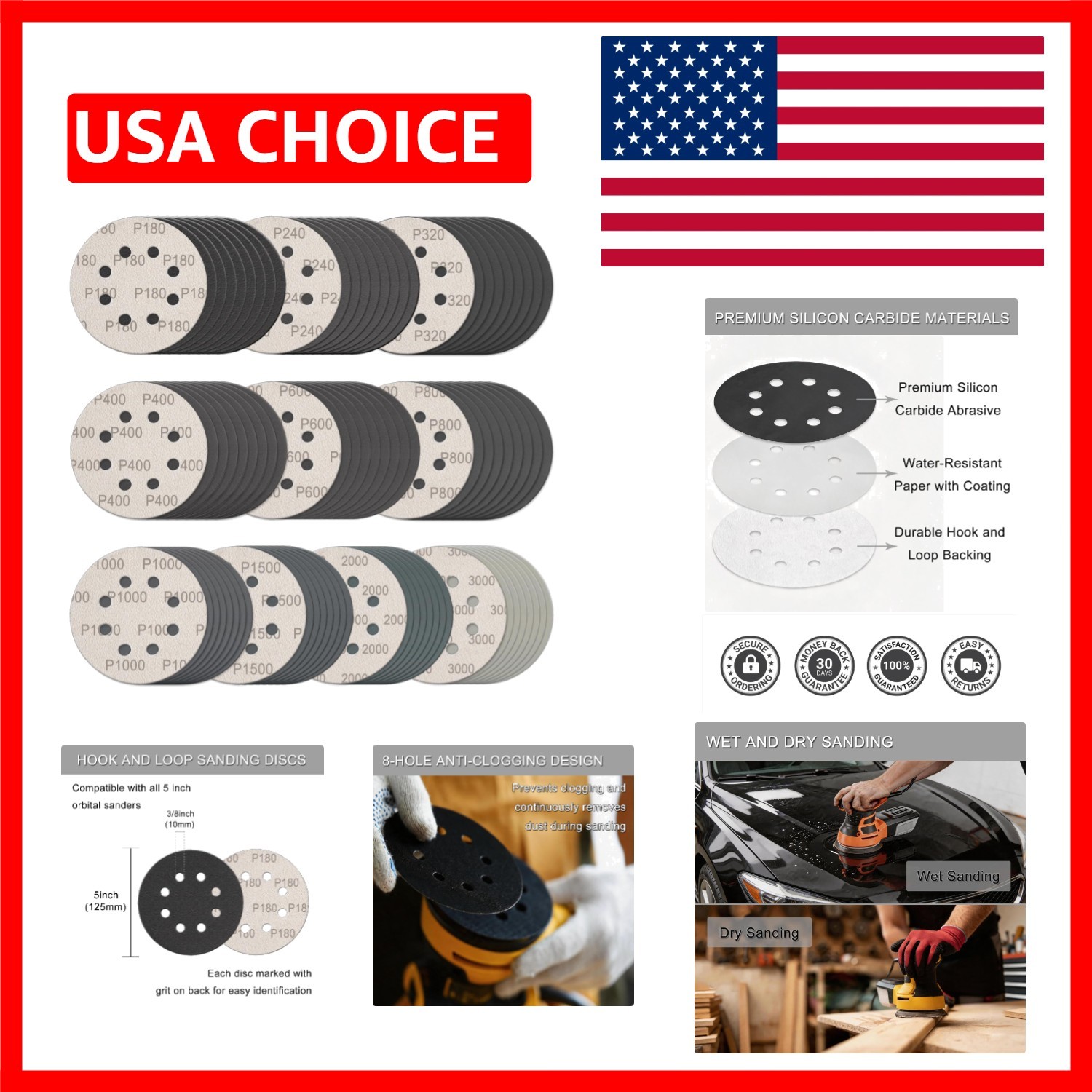 Professional 100 Pcs Hook & Loop 5-Inch Sanding Discs with Wet & Dry Capability