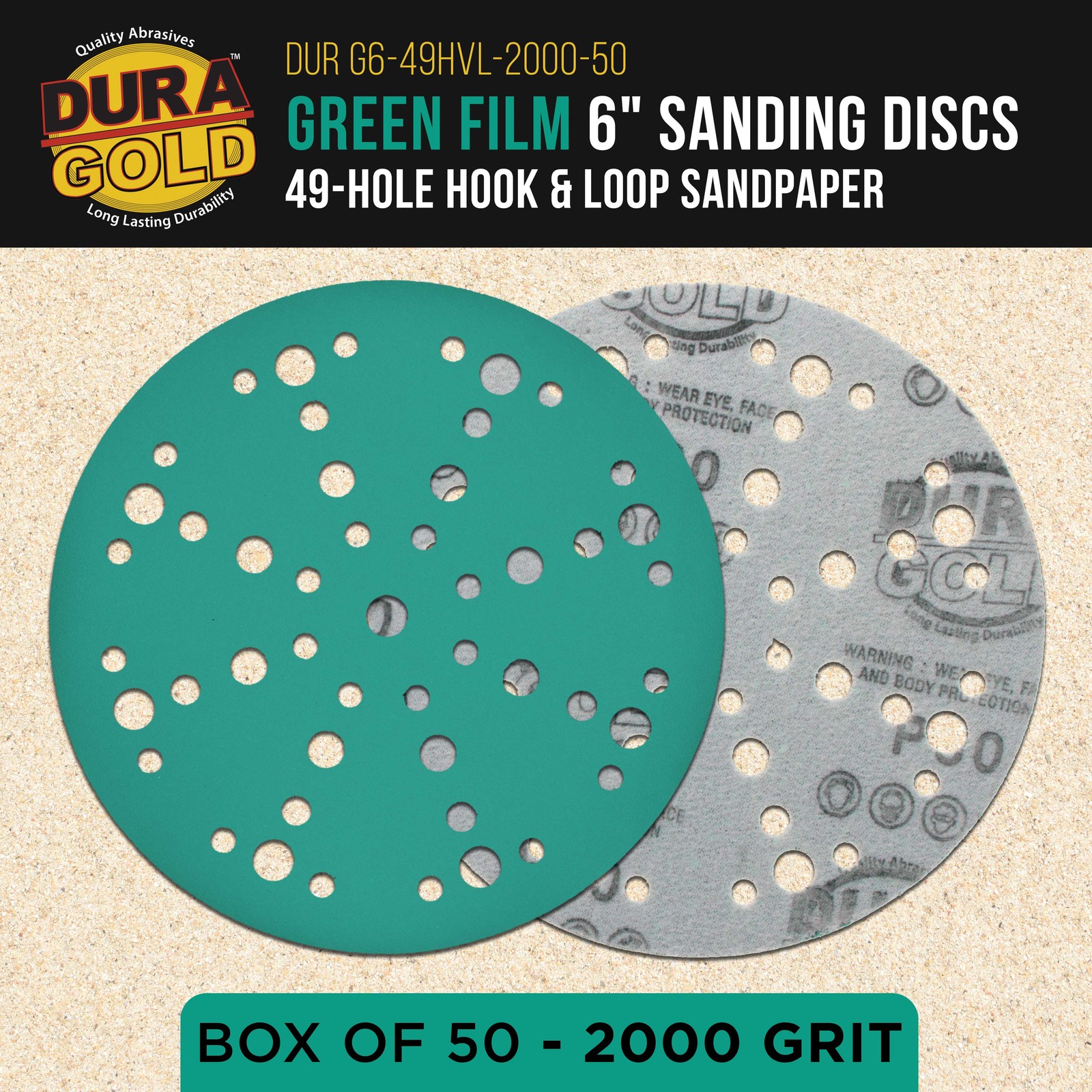 2000 Grit 6″ Green Sanding Discs, 49-Hole, Box of 50 – Hook & Loop Sandpaper