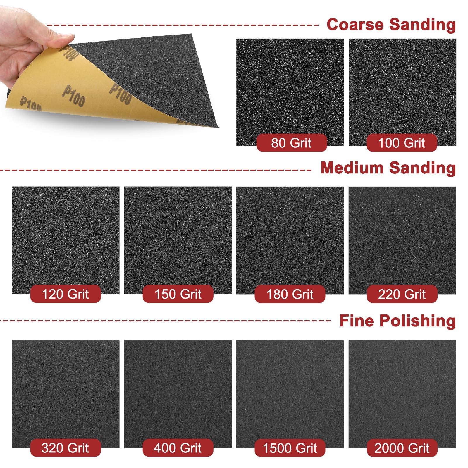 25 PCS 320 Grit Sandpaper Sheets 9×11 Inch Alumina Abrasive Black Wood
