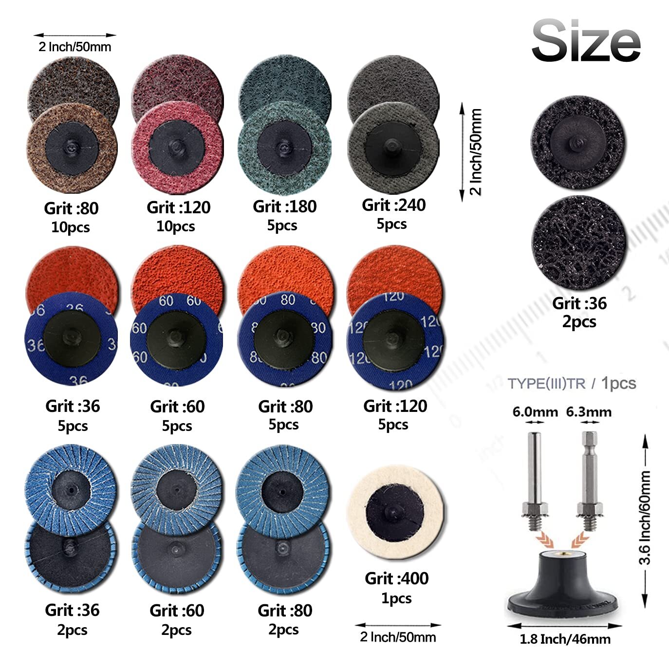 NYXCL 60Pcs Sanding Discs Set Discs 2 Inch Nylon main W/ 1/4 Holder Die Grinder