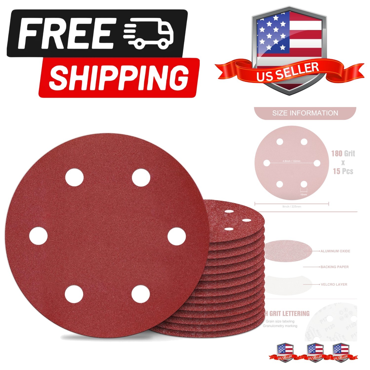 9 Inch 6 Hole Sanding Discs 180 Grit Hook and Loop for Drywall Sander 15PCS