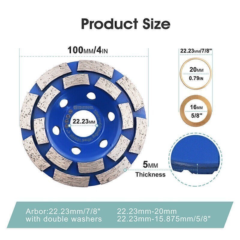 1pc 4/4.5/5/7 in Diamond Double Row Grinding Wheel for Concrete Masonry Granite