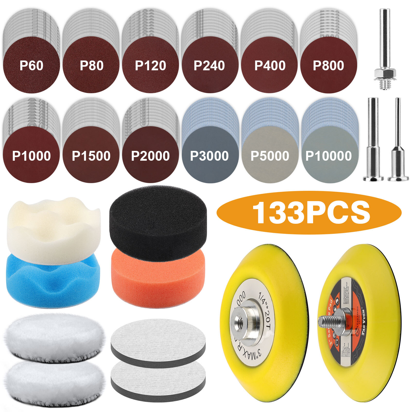 133 pcs/set Sanding Disc Drill Polishing Kit 3 Inch Wet Dry Hook Loop Sandpaper