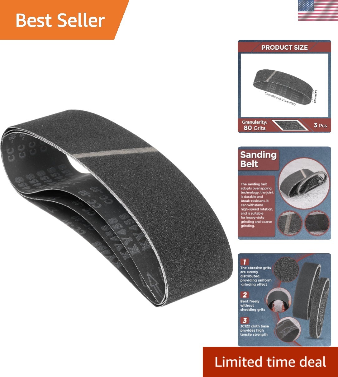Versatile 3 Pack 4×36 Inch Sanding Belts – 80 Grit for Metal and Wood Finishing