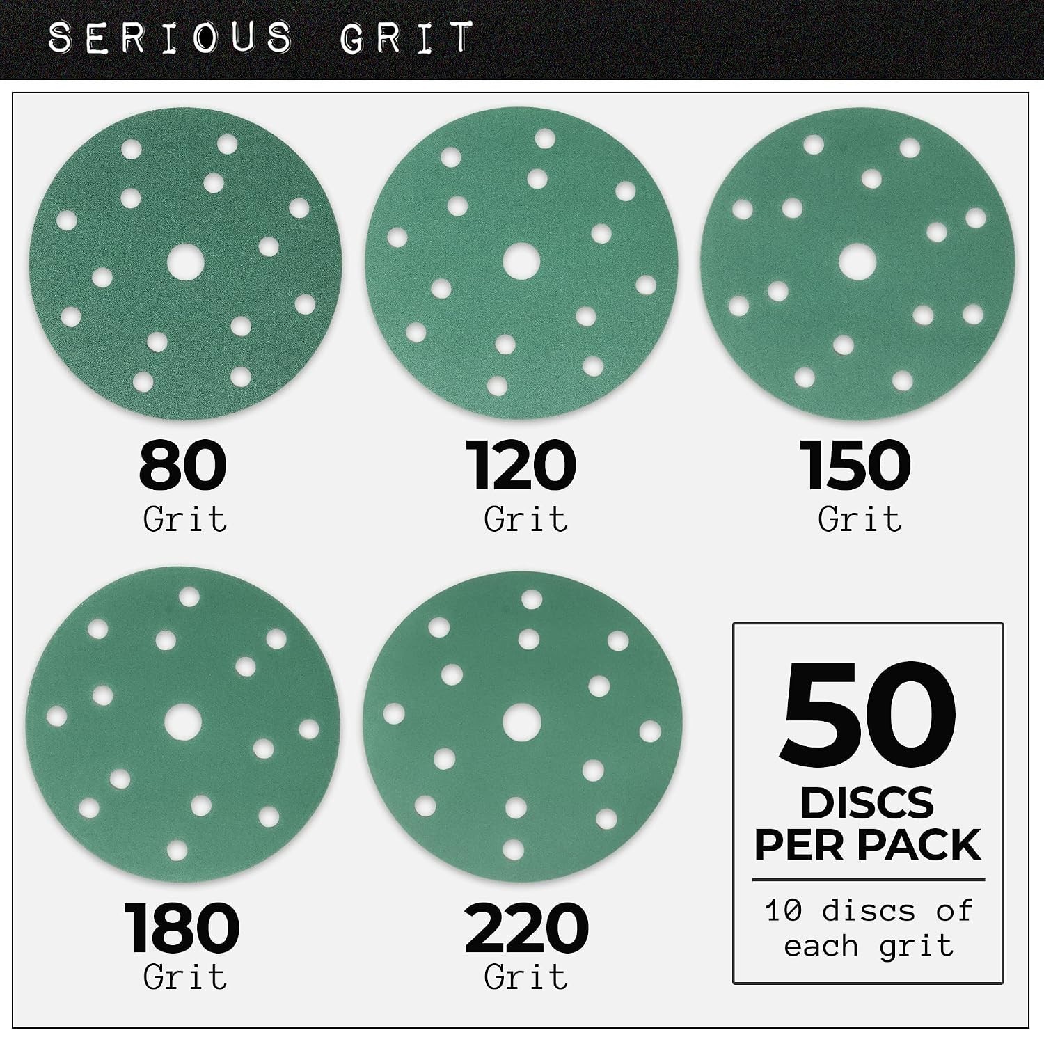 6-Inch 15-Hole Sanding Discs Assortment – 80, 120, 150, 180, 220 Grit